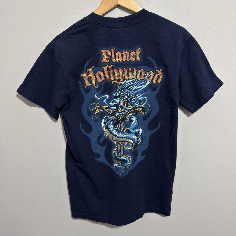 Vintage Planet Hollywood 1998 90s Small Blue T Shirt Double Sided Dragon Graphic